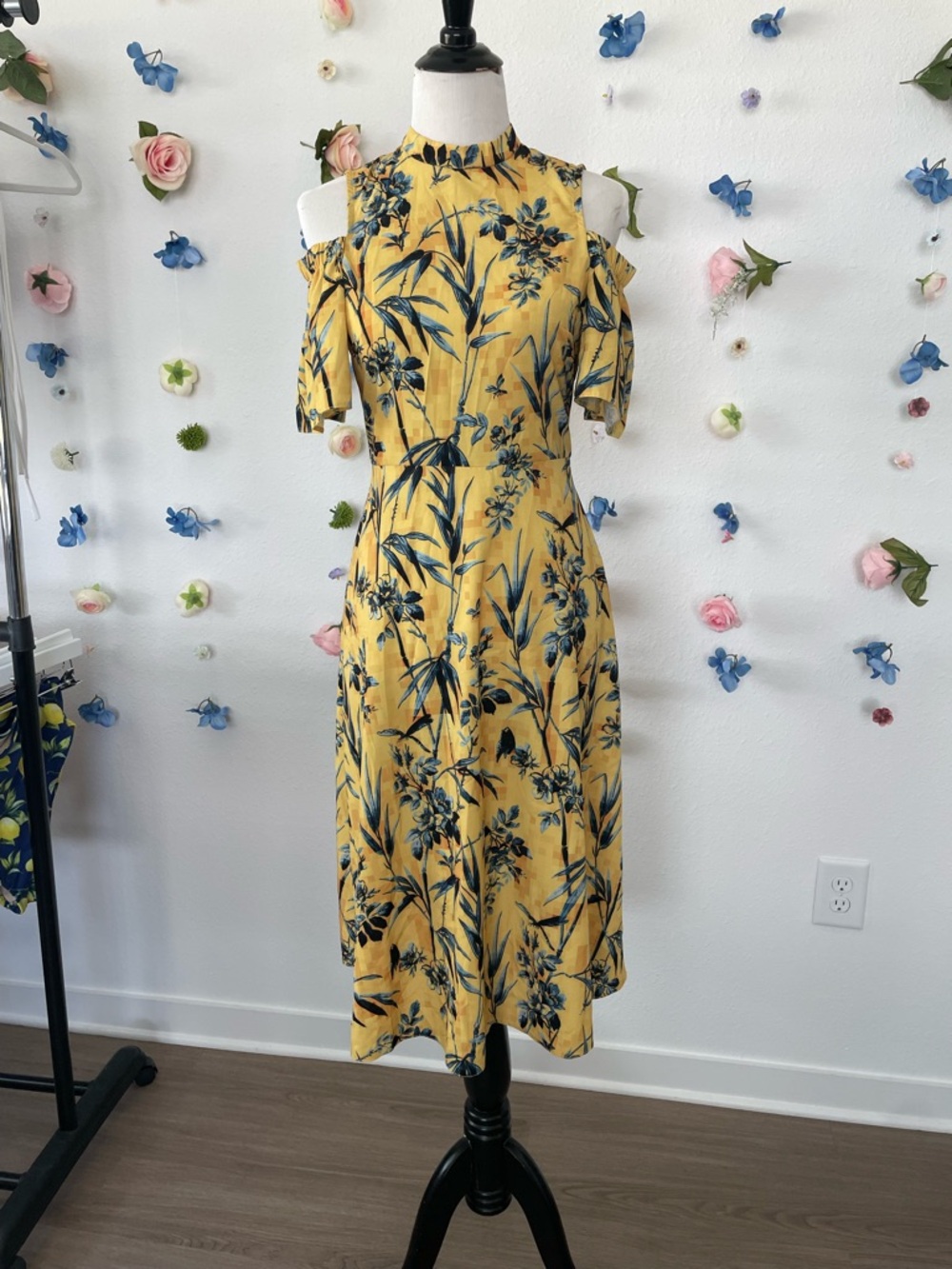 ASOS Yellow Floral Cold-Shoulder Midi Dress with Blue Print